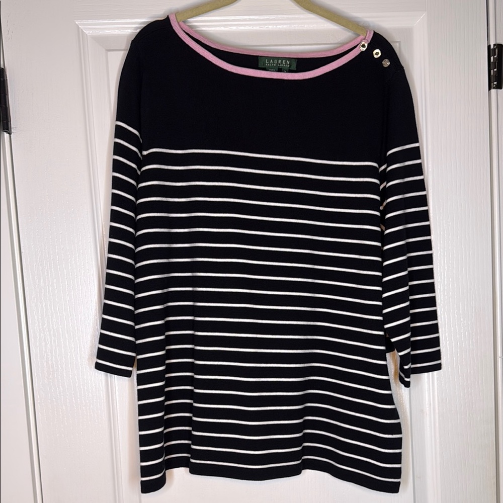 Black and White Striped Top with Pink Trim